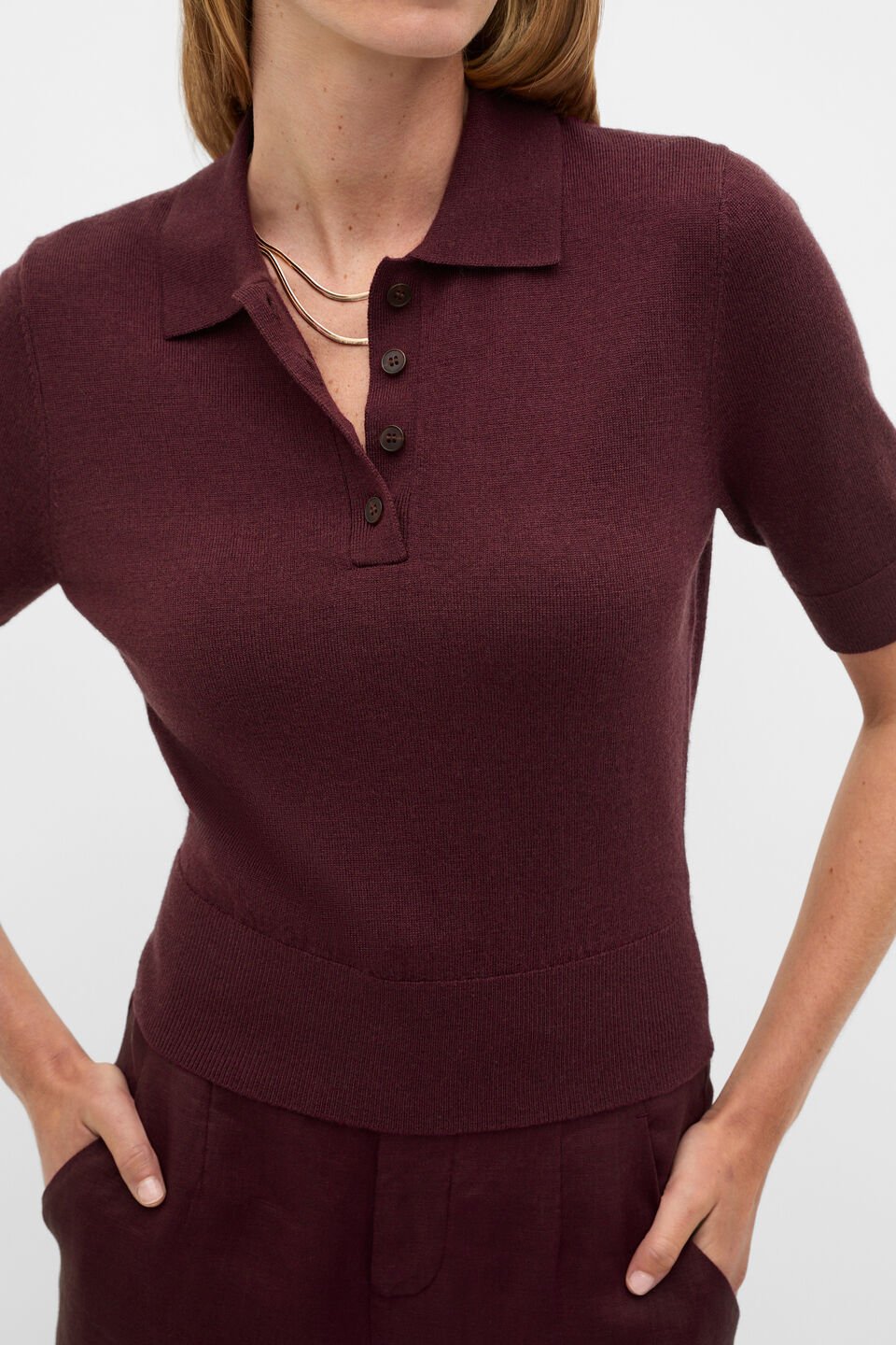 Australian Merino Knit Polo Top  Plum Red