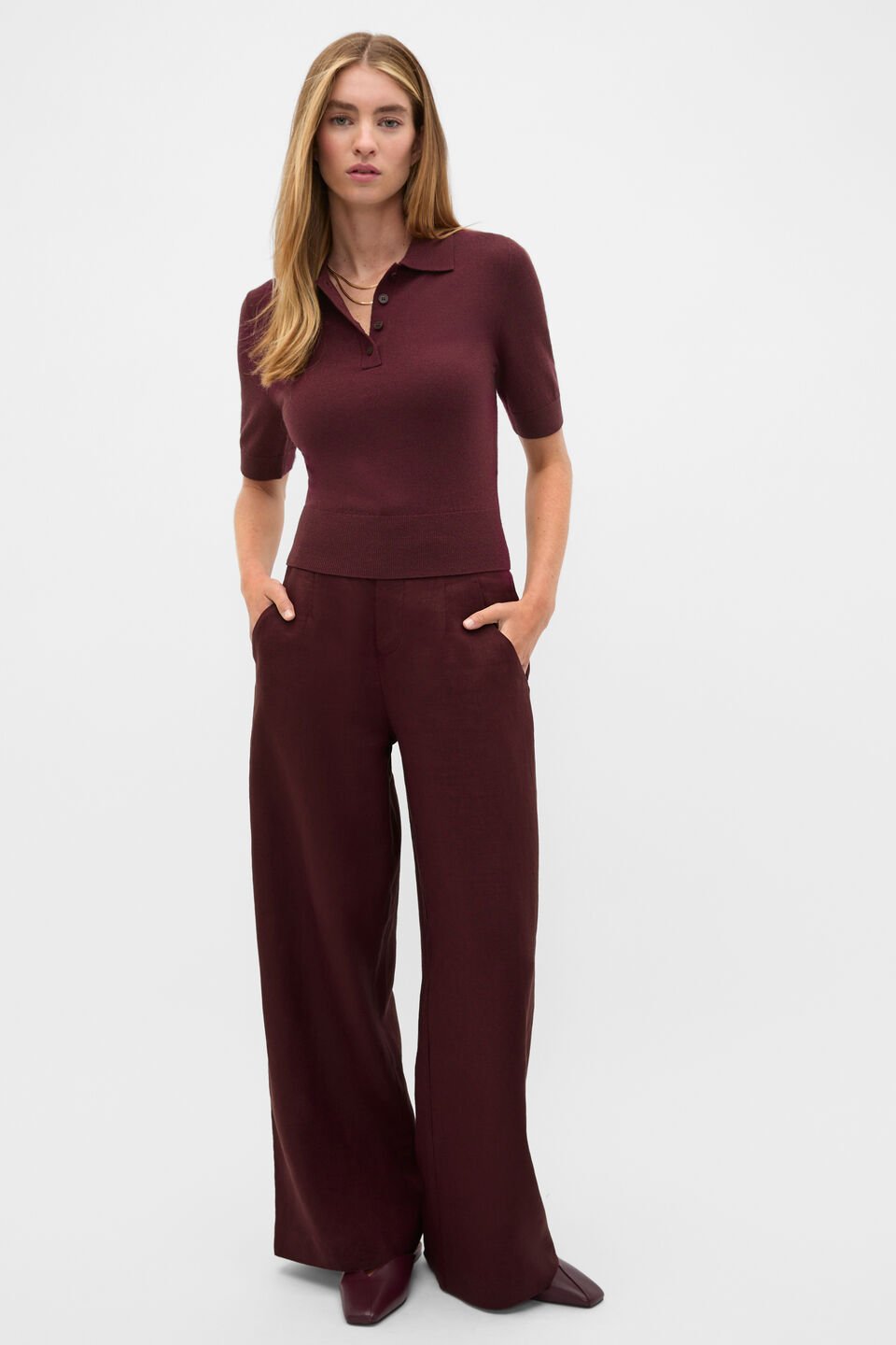 Australian Merino Knit Polo Top  Plum Red