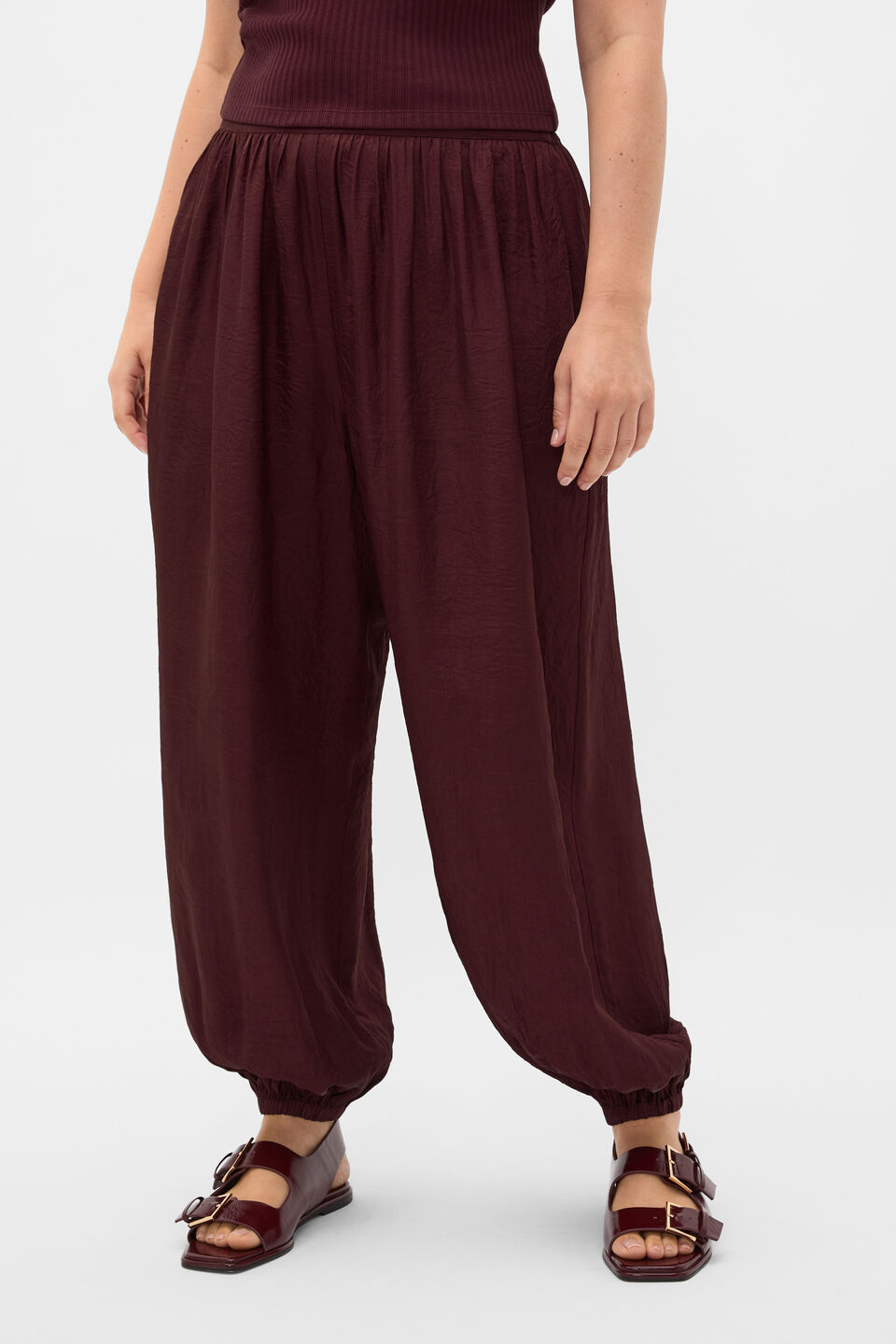 Textured Satin Harem Pant  Plum Red