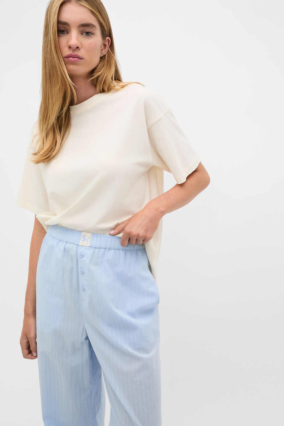 Stripe Shirt and Pant PJ Set  Egg Shell