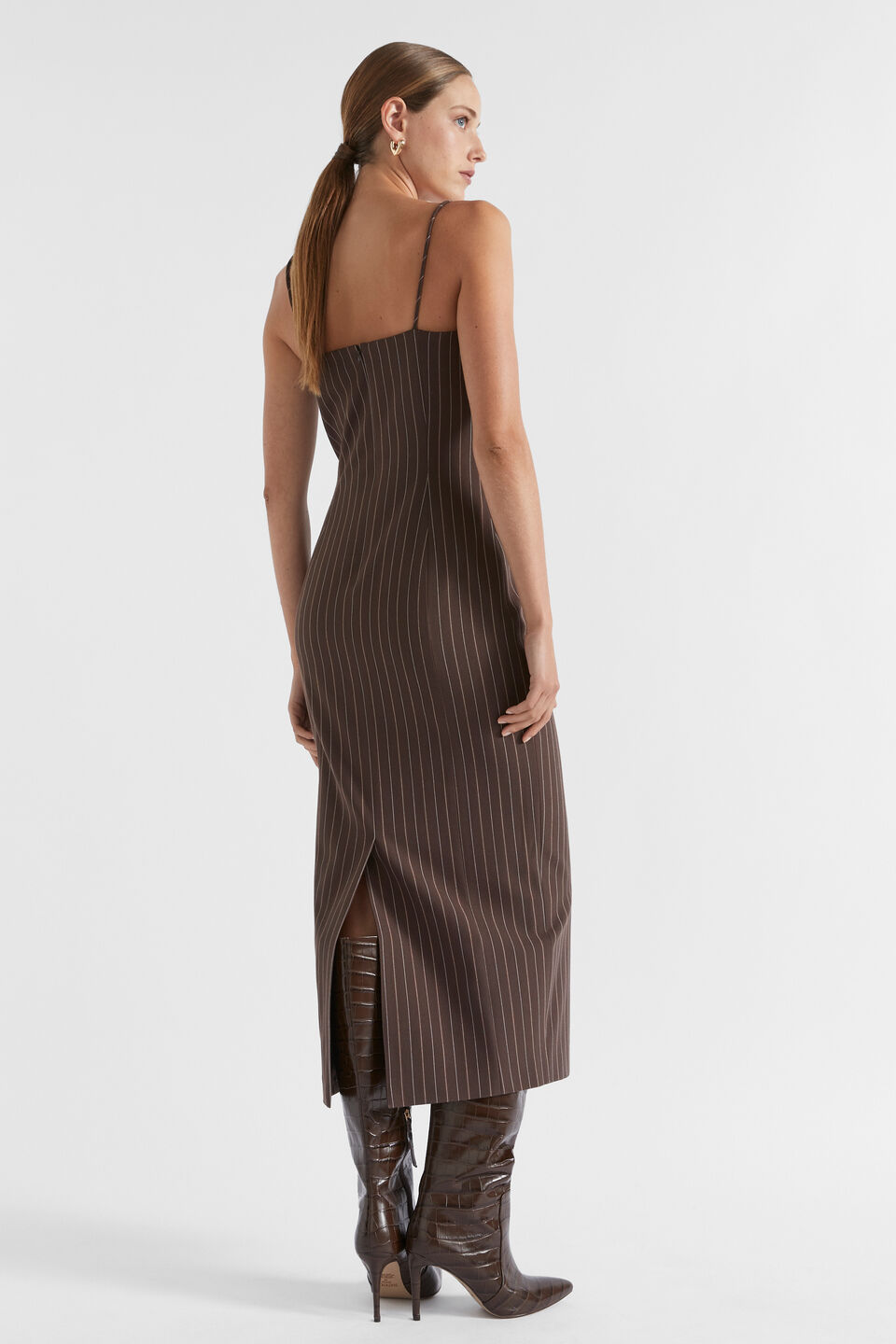 Tailored Midi Dress  Dark Espresso Pinstripe