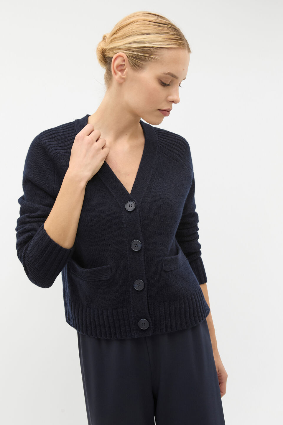 Merino Wool V Neck Pocket Cardigan  Twilight Blue