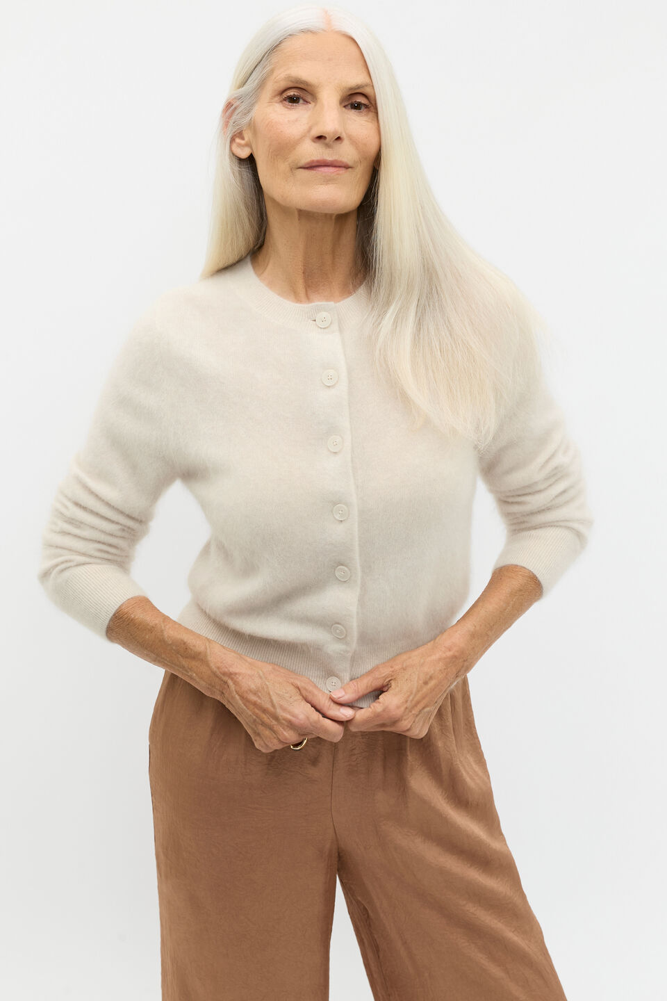 Brushed Cashmere Button Cardigan  Oat Marle