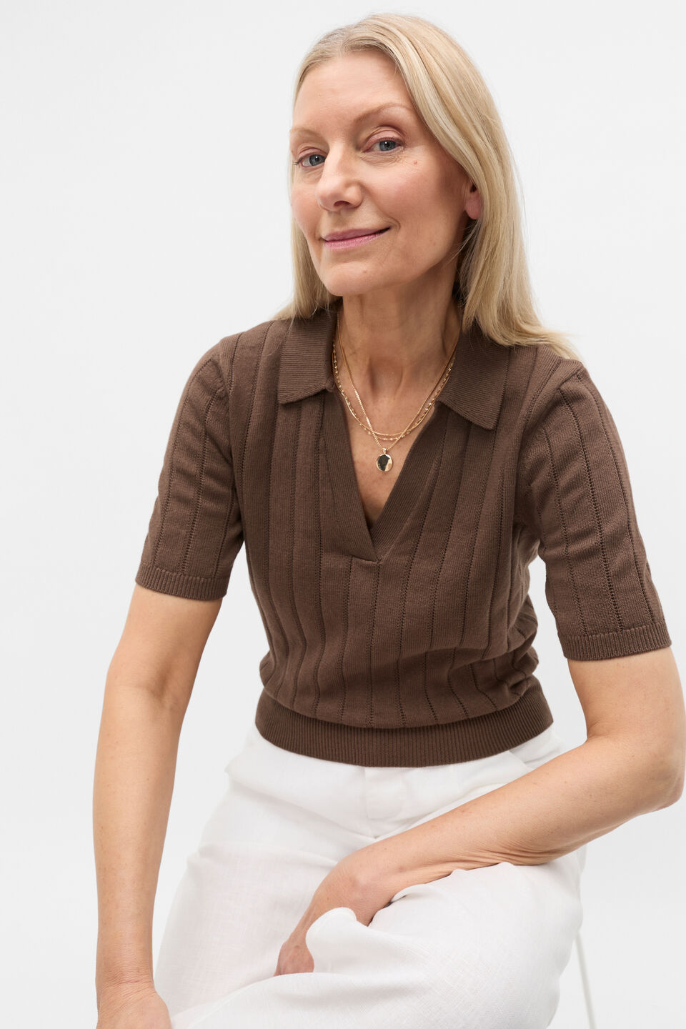 Cotton Wide Rib Polo Knit  Pinecone