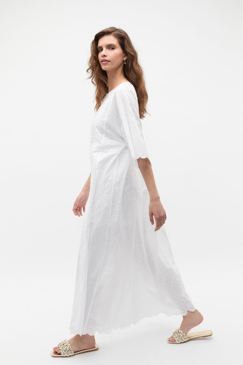 Floral Embroidered Kaftan Maxi  Whisper White