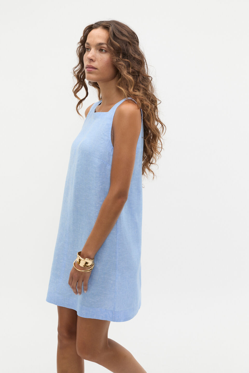 Linen Square Neck Mini Dress  Cornflower Blue Crossdye