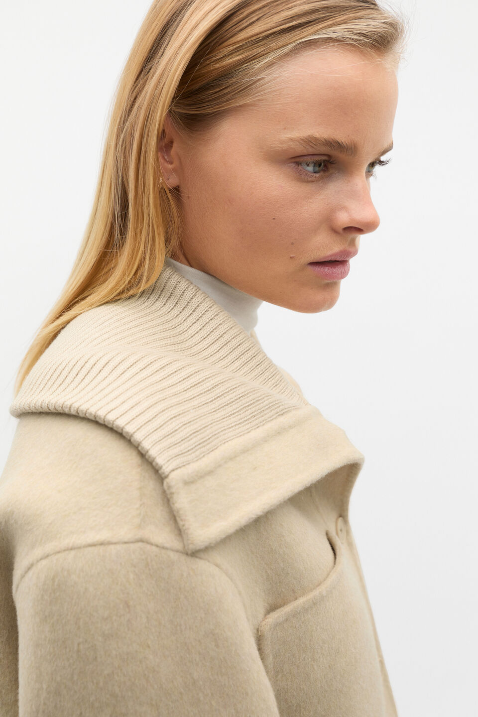 Wool Blend Rib Collar Shacket  Latte Marle