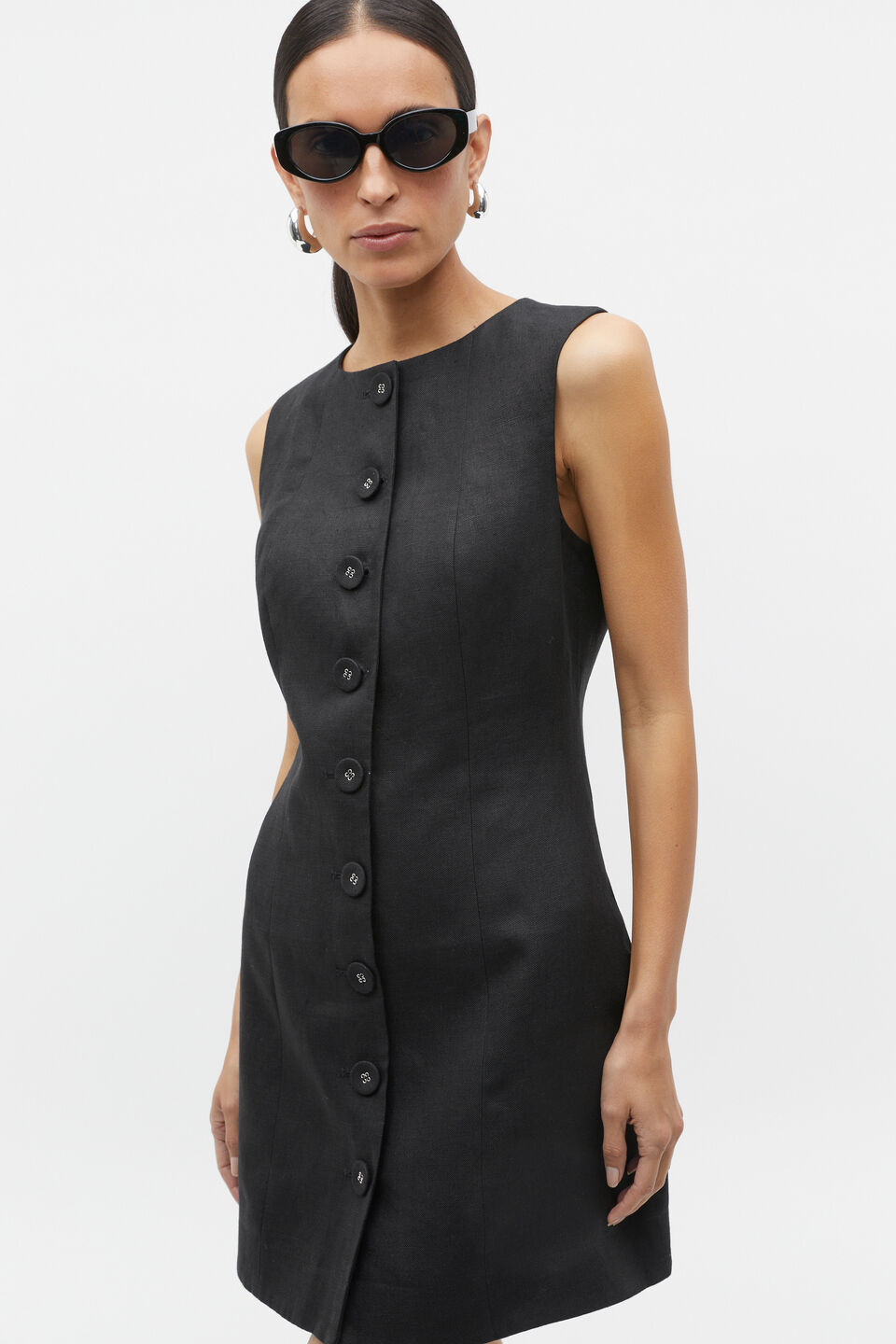 Linen Button Through Mini Dress  Black