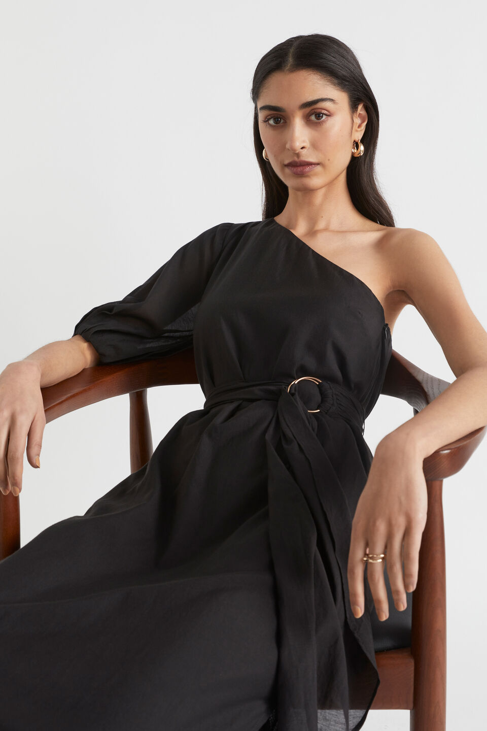 One Shoulder D Ring Belt Maxi Dress  Black