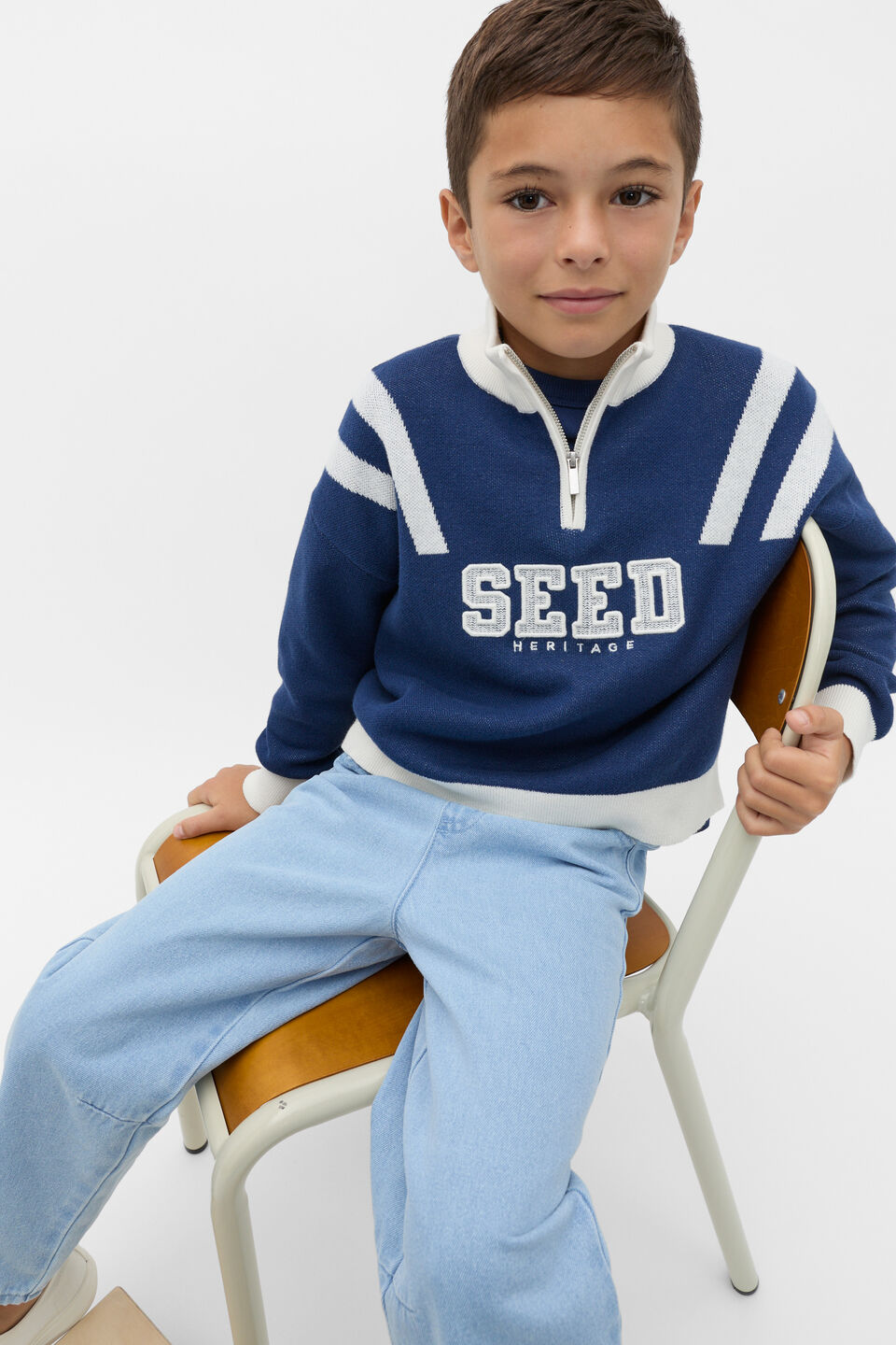 Quarter Zip Logo Knit  French Navy