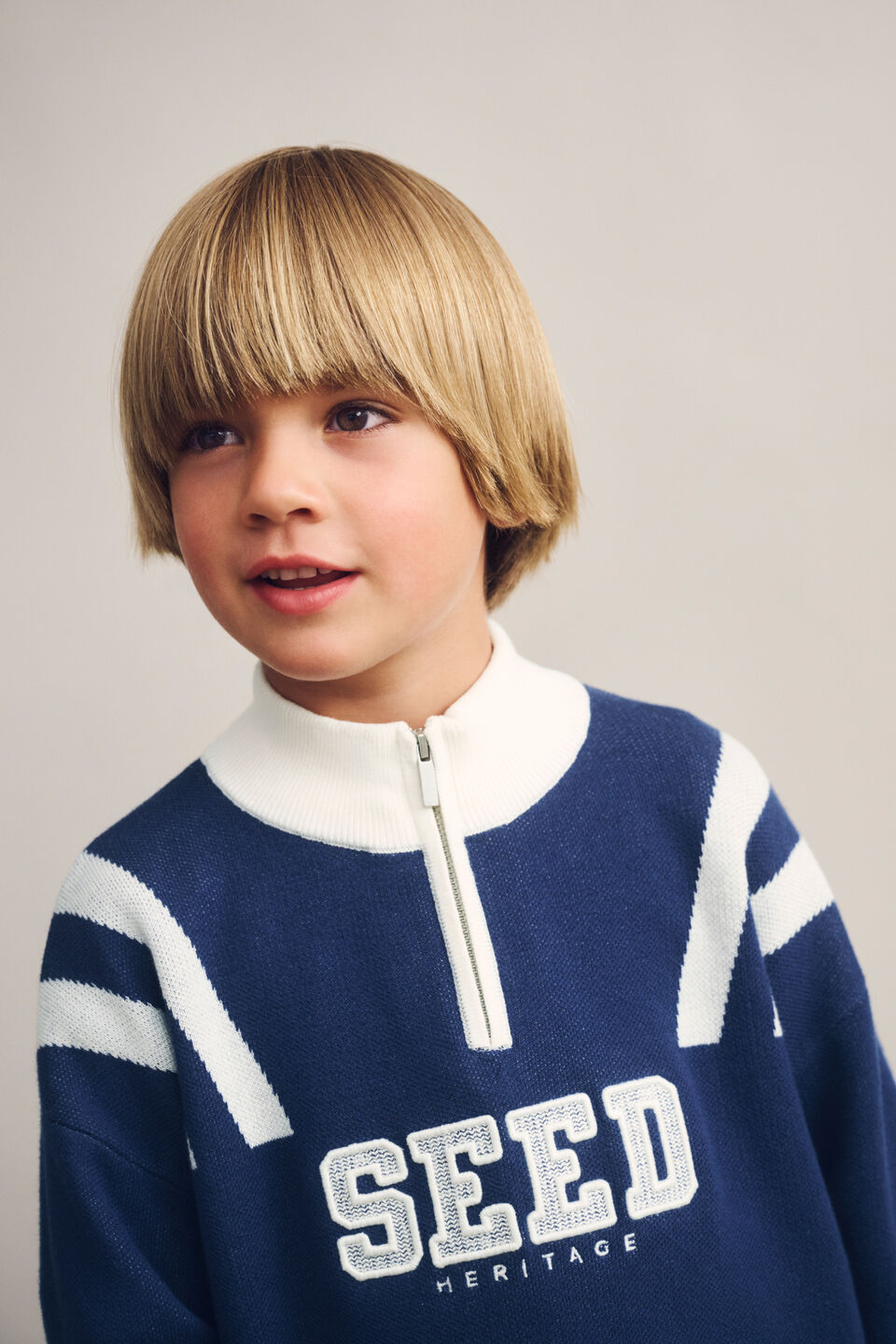 Quarter Zip Logo Knit  French Navy