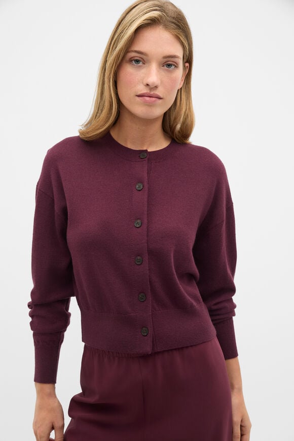 Australian Merino Relaxed Cardigan  Plum Red  hi-res
