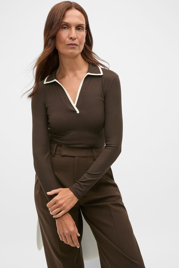 Core Rib Collared Top  Coffee Bean  hi-res