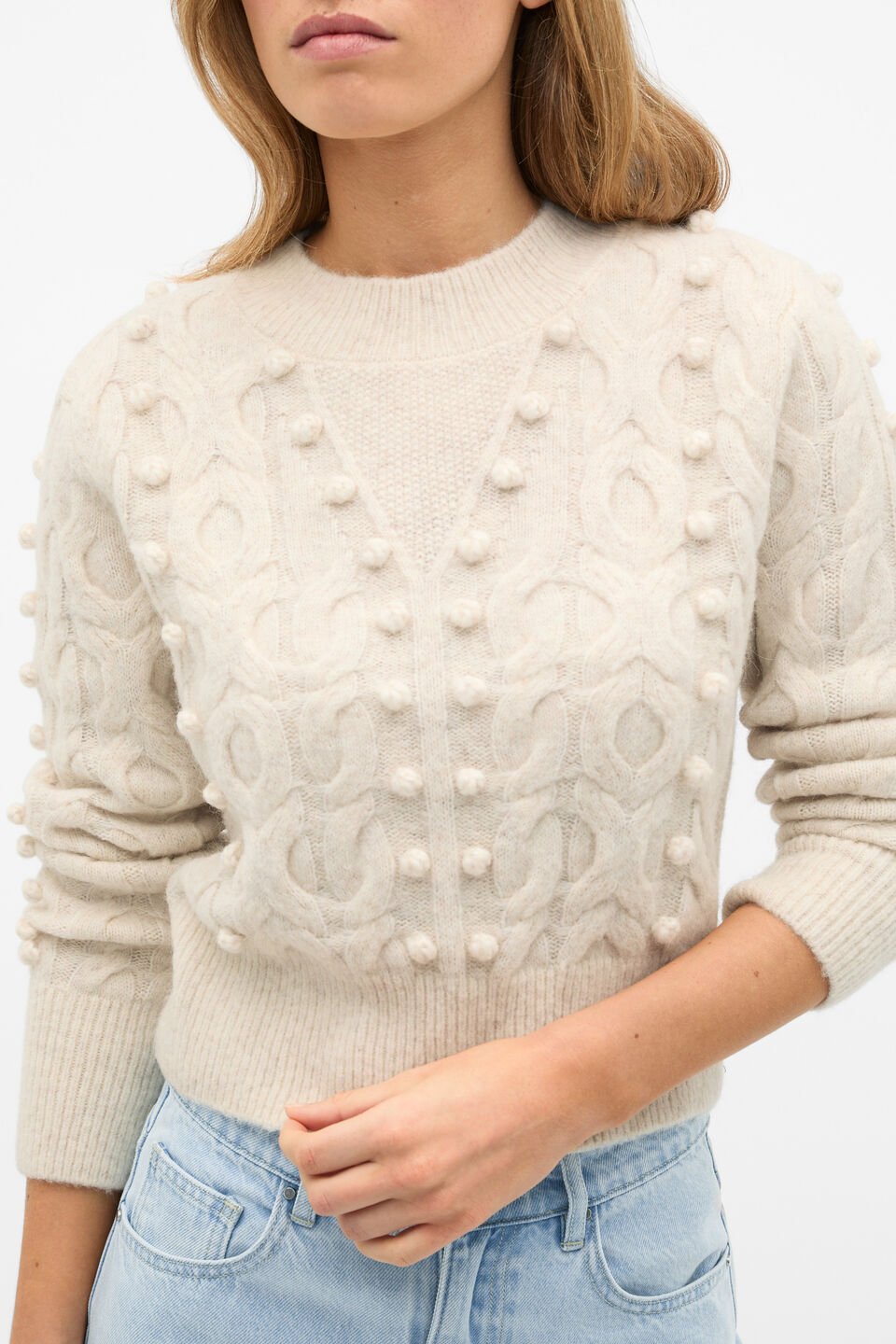 Pom Pom Cable Knit Sweater  Mist Marle