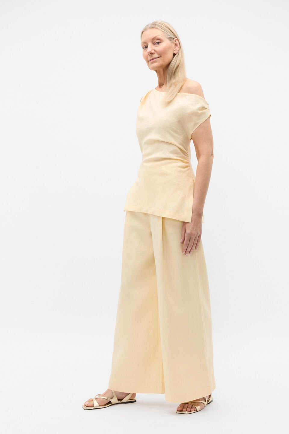 Linen Draped Shoulder Top  Shortbread