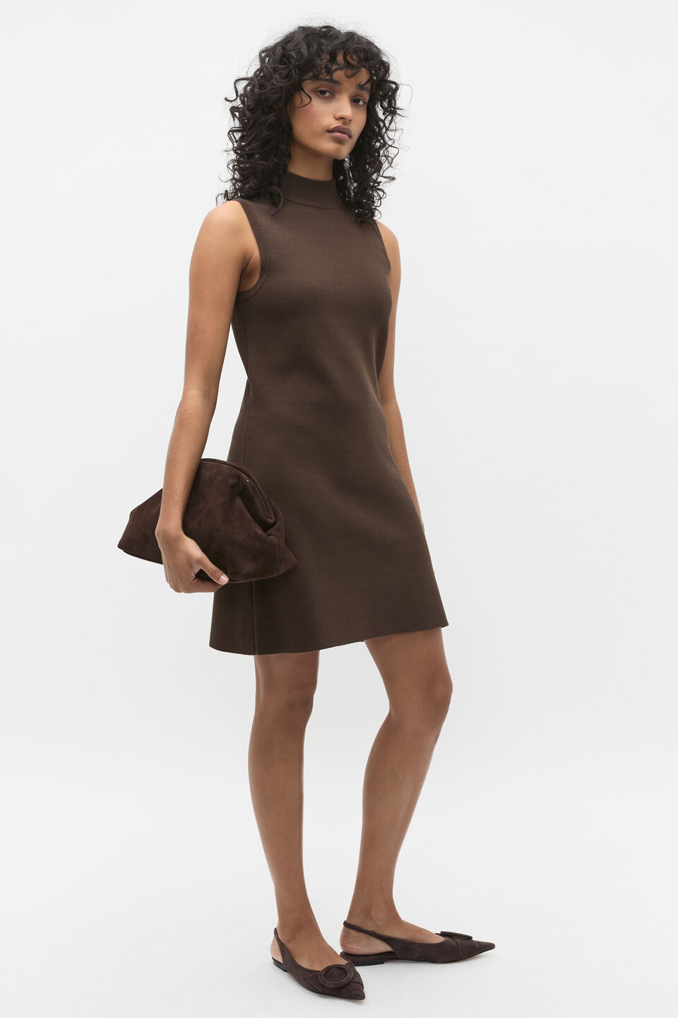 Crepe Knit Mock Neck Mini Dress  Dark Espresso