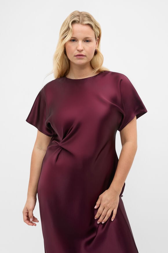 Satin Knot Front Dress  Plum Red  hi-res