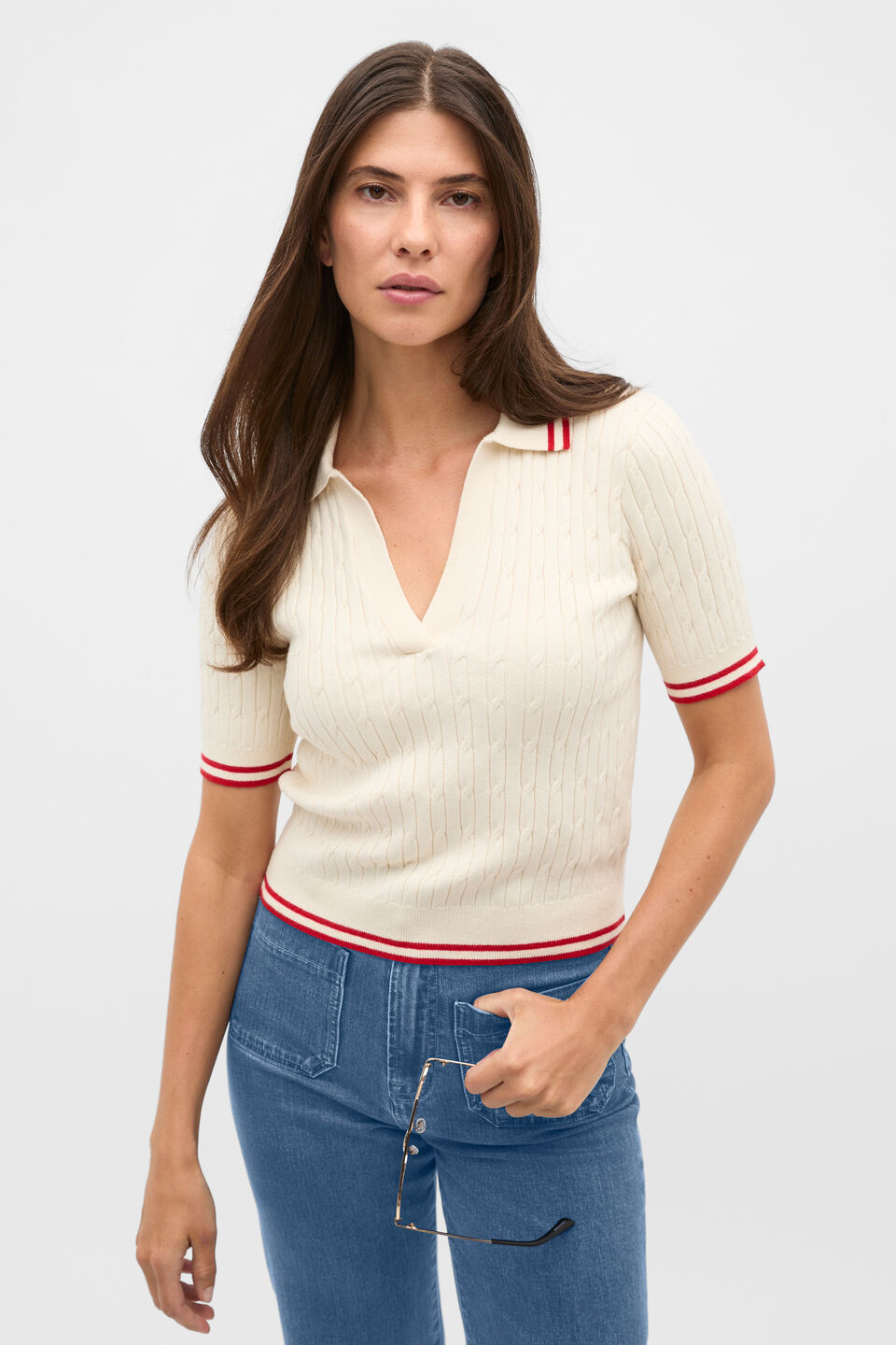 Cotton Cable Knit Tipping Polo  Coconut Cream
