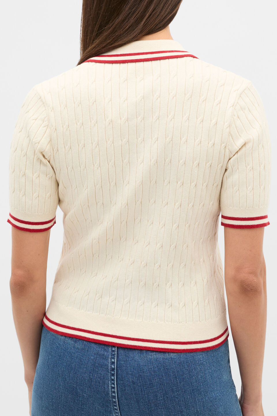 Cotton Cable Knit Tipping Polo  Coconut Cream