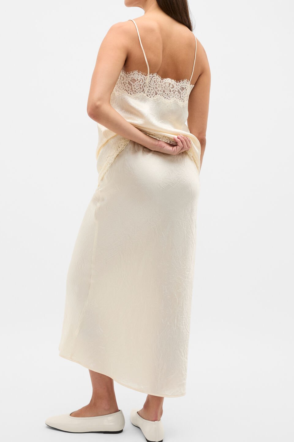 Crinkled Satin Slip Skirt  Coconut Cream