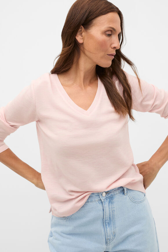 Australian Merino V Neck Top  Pale Blossom Marle  hi-res