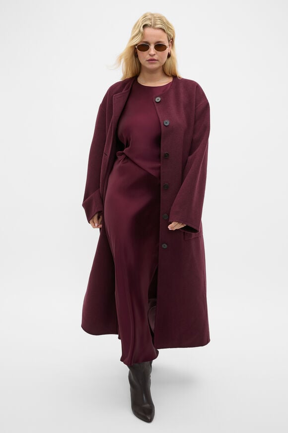 Wool Blend Collarless Coat  Plum Red  hi-res