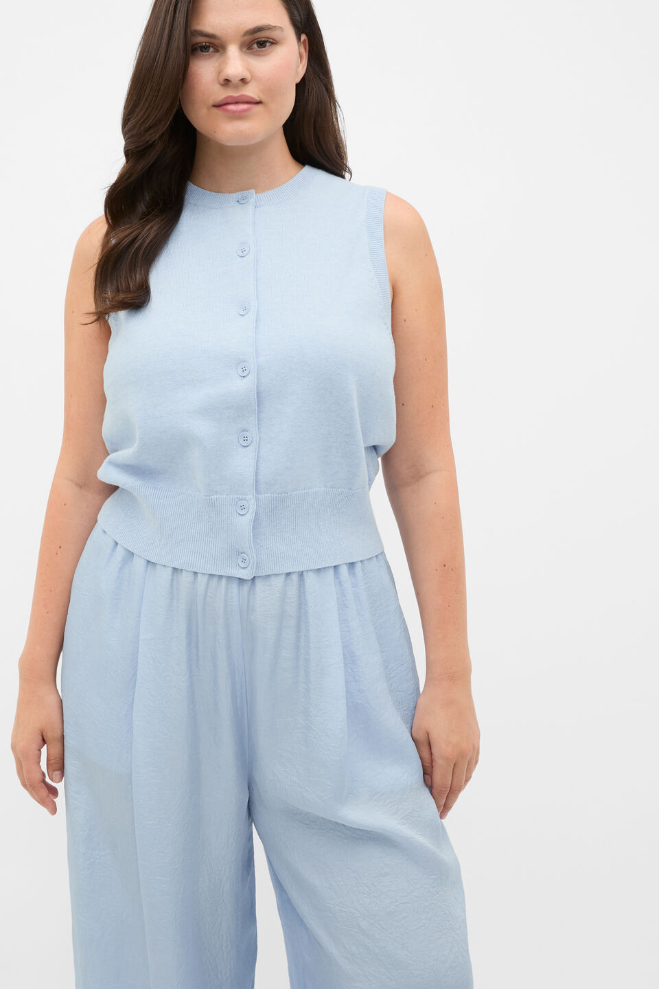 Cotton Blend Button Knit Vest  Arctic Blue Marle