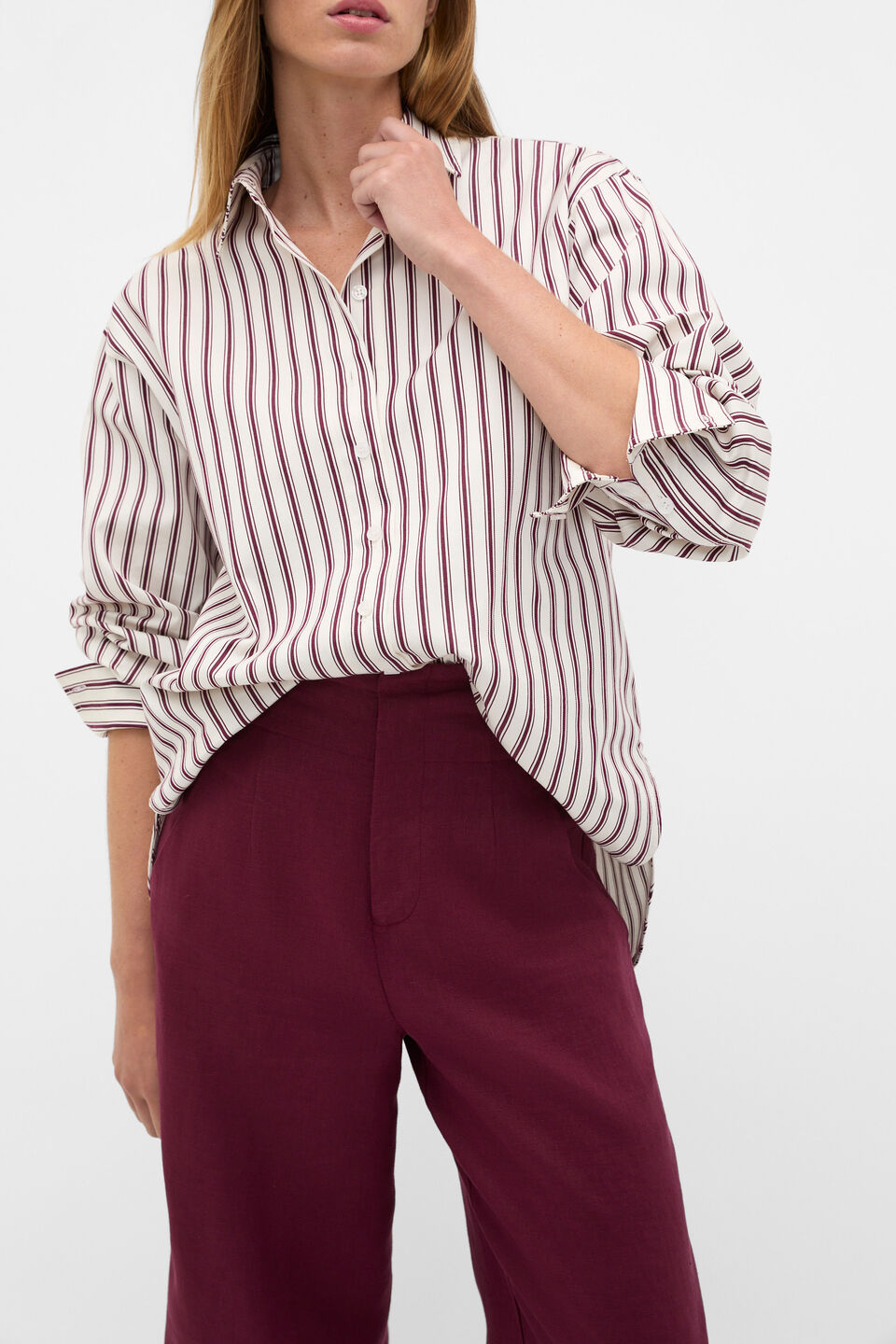 Stripe Cotton Oversized Shirt  Plum Red Stripe