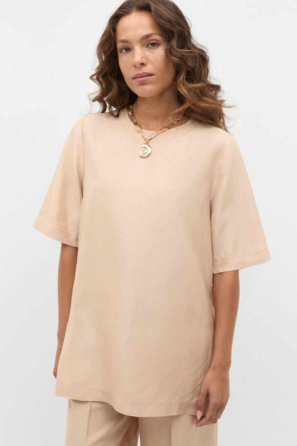 Crinkled Satin Split Hem Tee  Ecru  hi-res