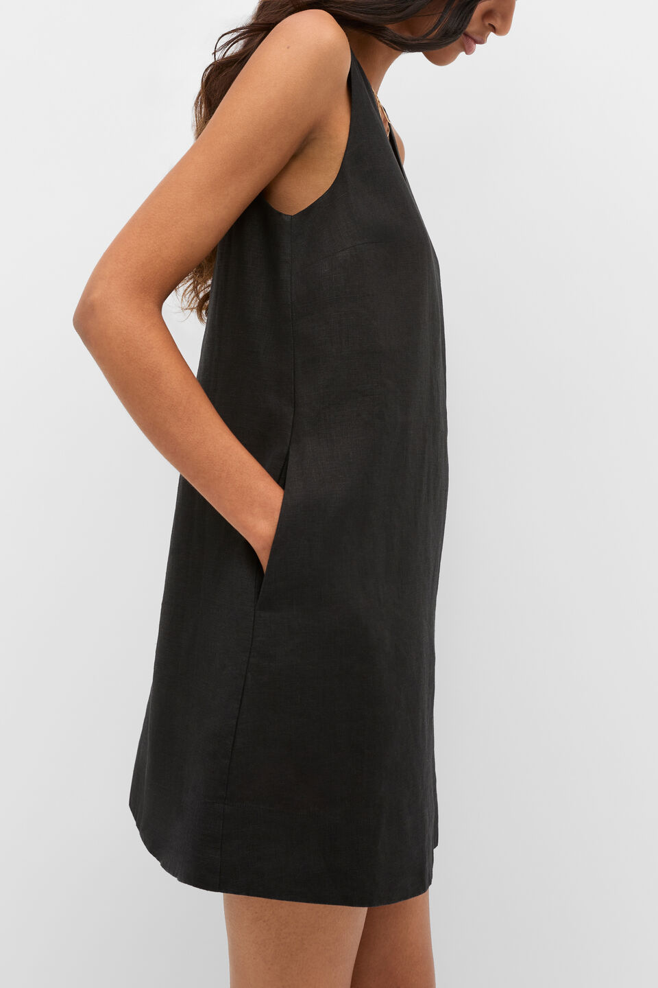 Linen V Neck Mini Dress  Black