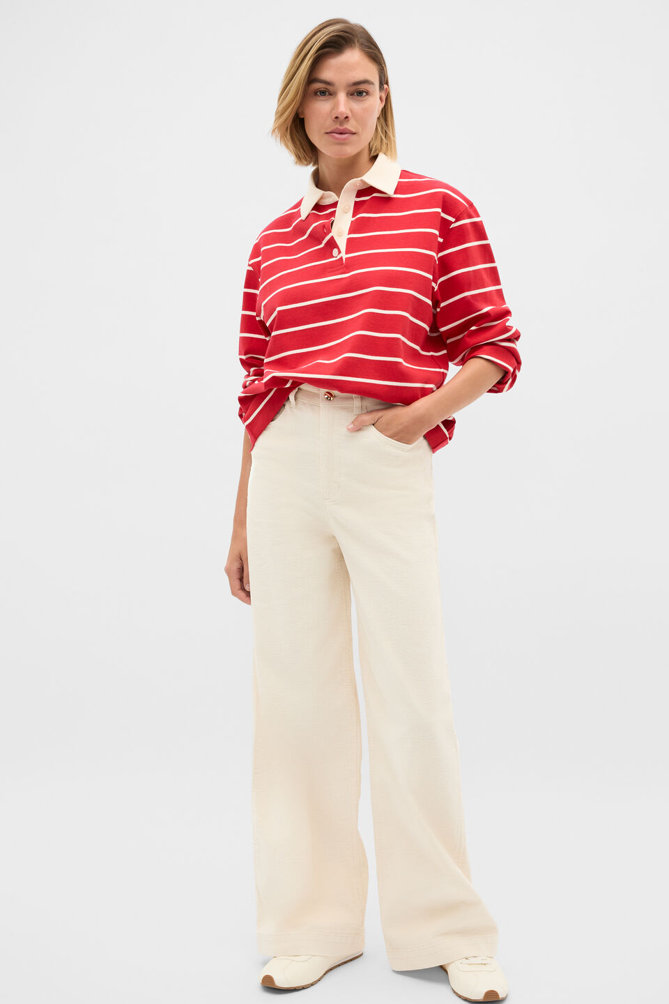 Relaxed Cotton Rugby Polo Top  Poppy Stripe