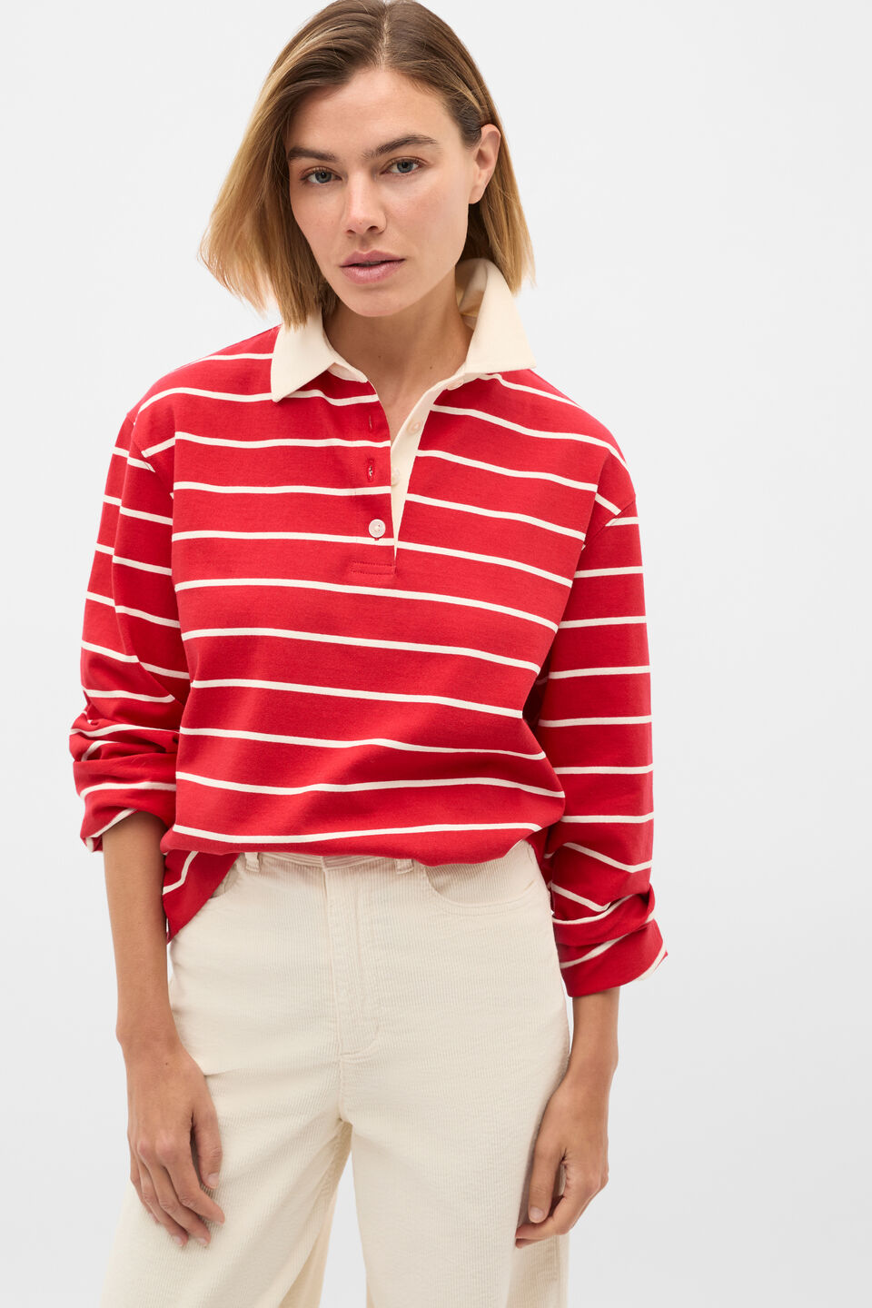 Relaxed Cotton Rugby Polo Top  Poppy Stripe