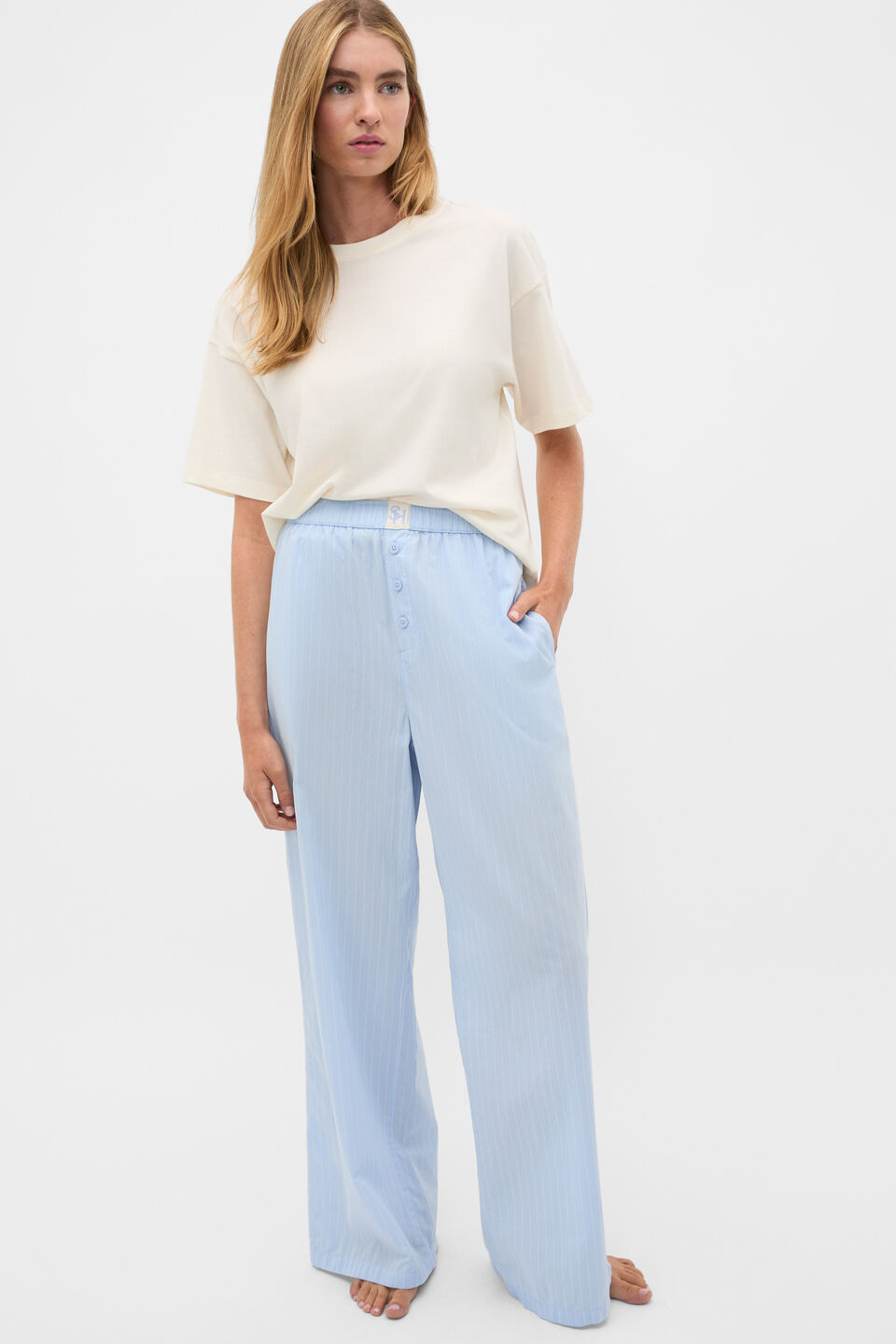 Stripe Shirt and Pant PJ Set  Egg Shell