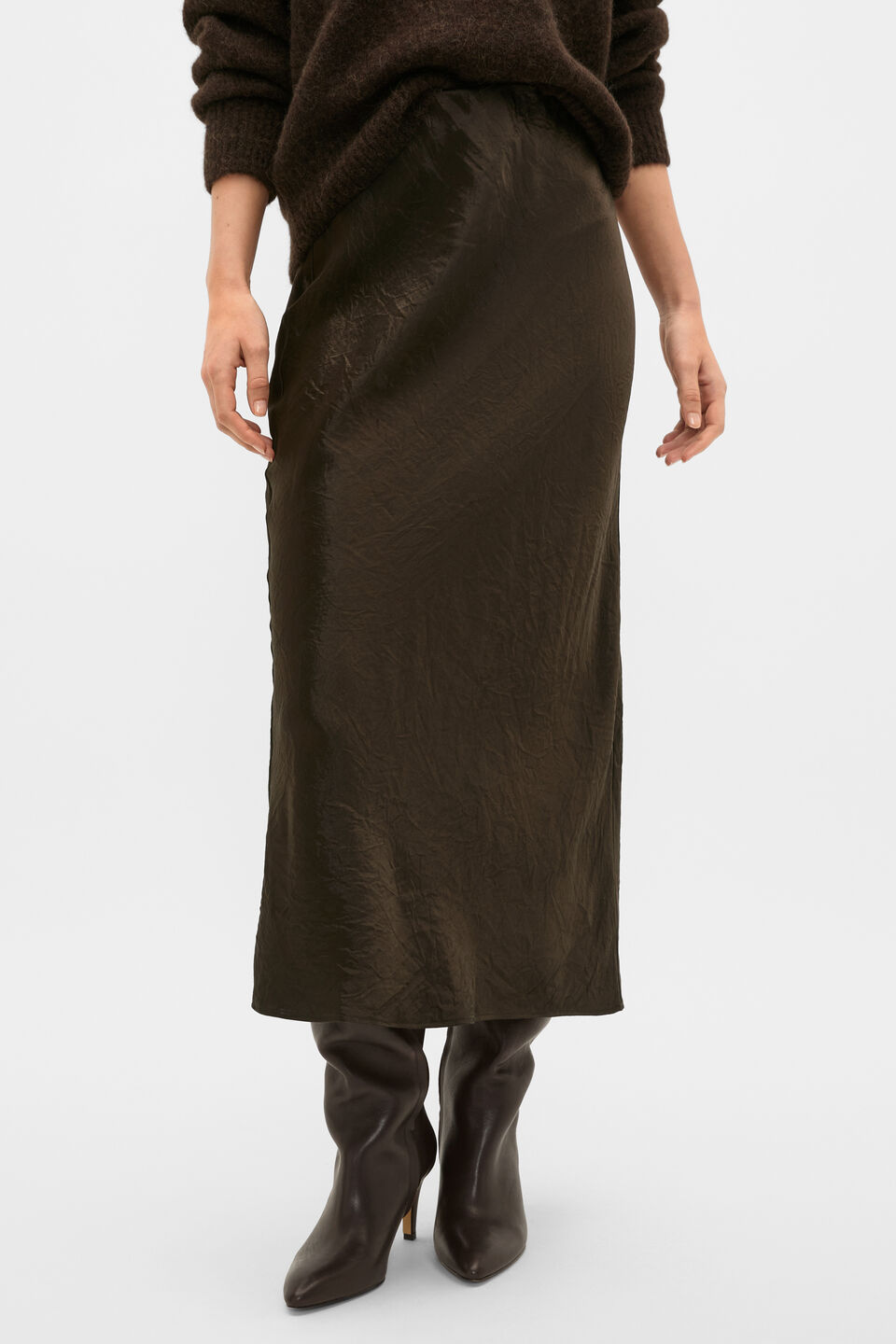 Crinkled Satin Slip Skirt  Coffee Bean