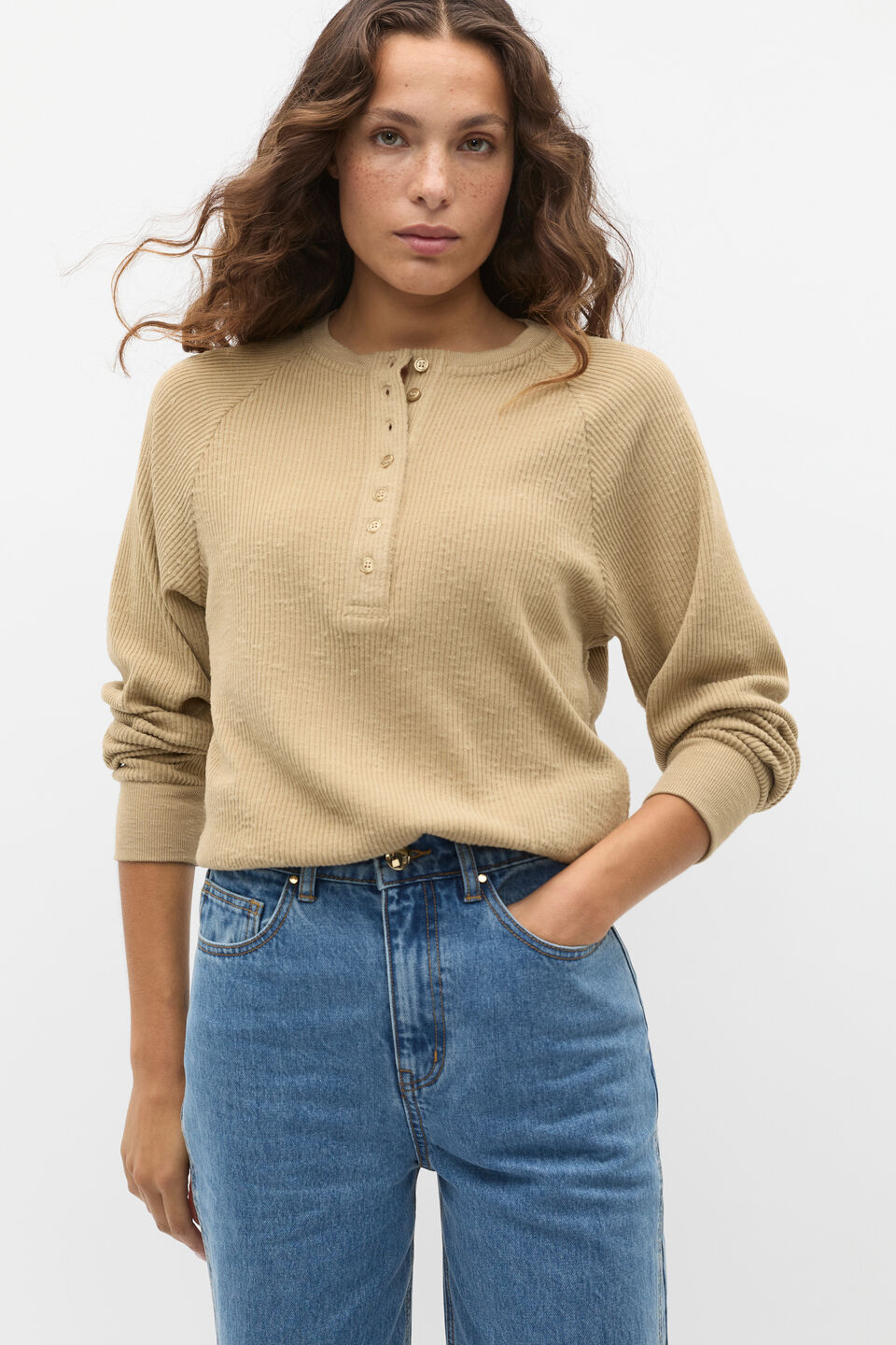 Supersoft Henley Relaxed Top  Cashew