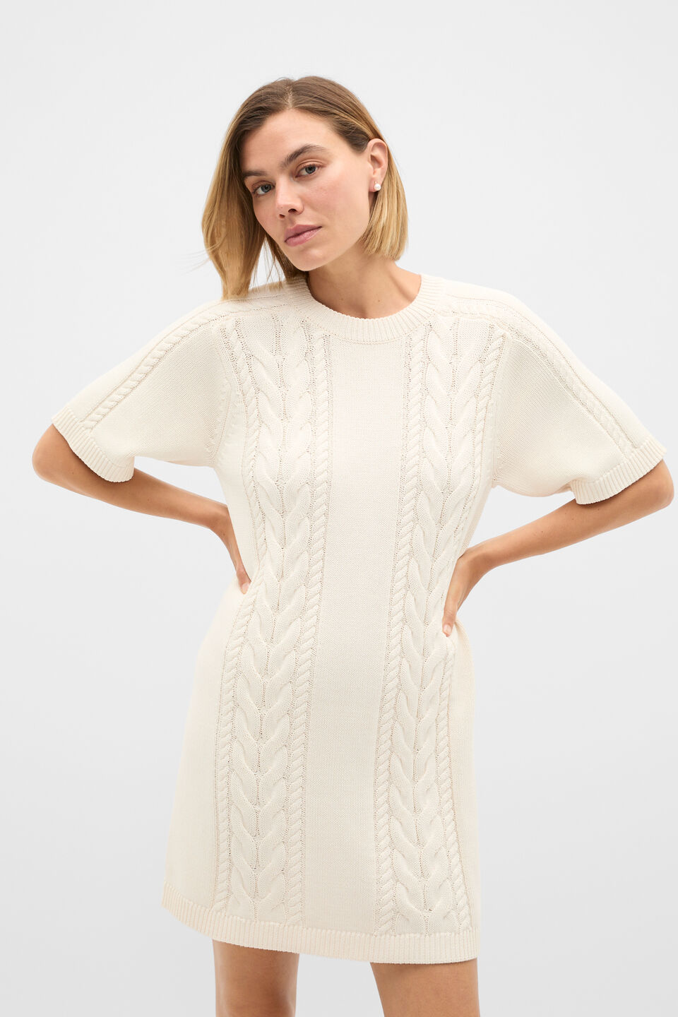 Cotton Cable Knit Mini Dress  Coconut Cream