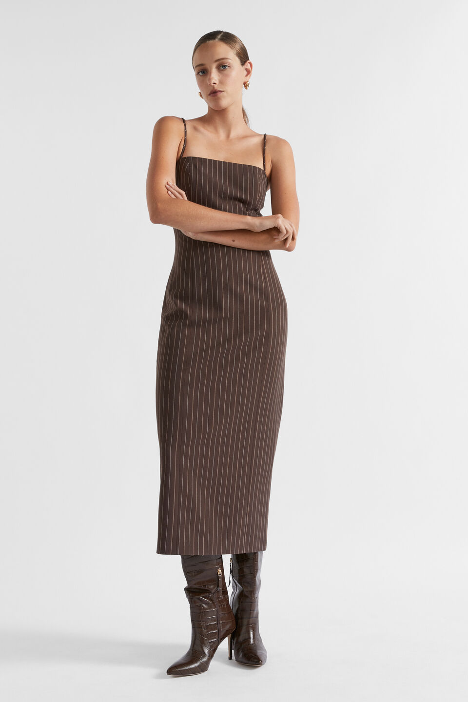 Tailored Midi Dress  Dark Espresso Pinstripe