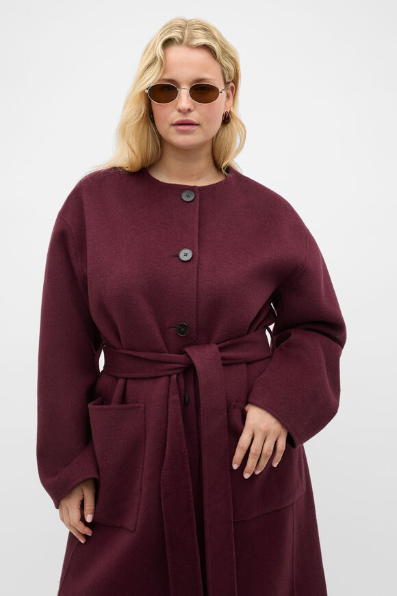 Wool Blend Collarless Coat  Plum Red  hi-res