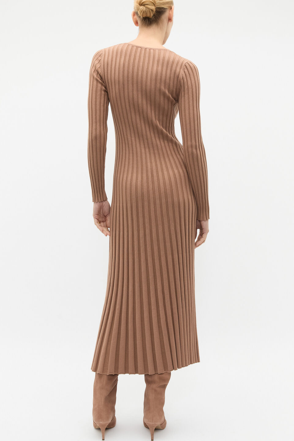 Pleated V Neck Knit Dress  Amaretto