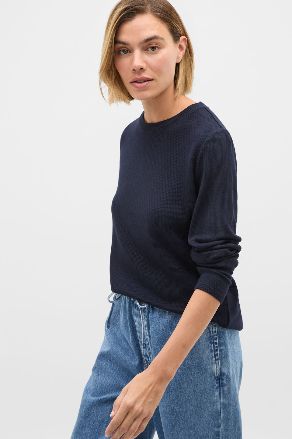 Micro Waffle Crew Neck Top  Twilight Blue