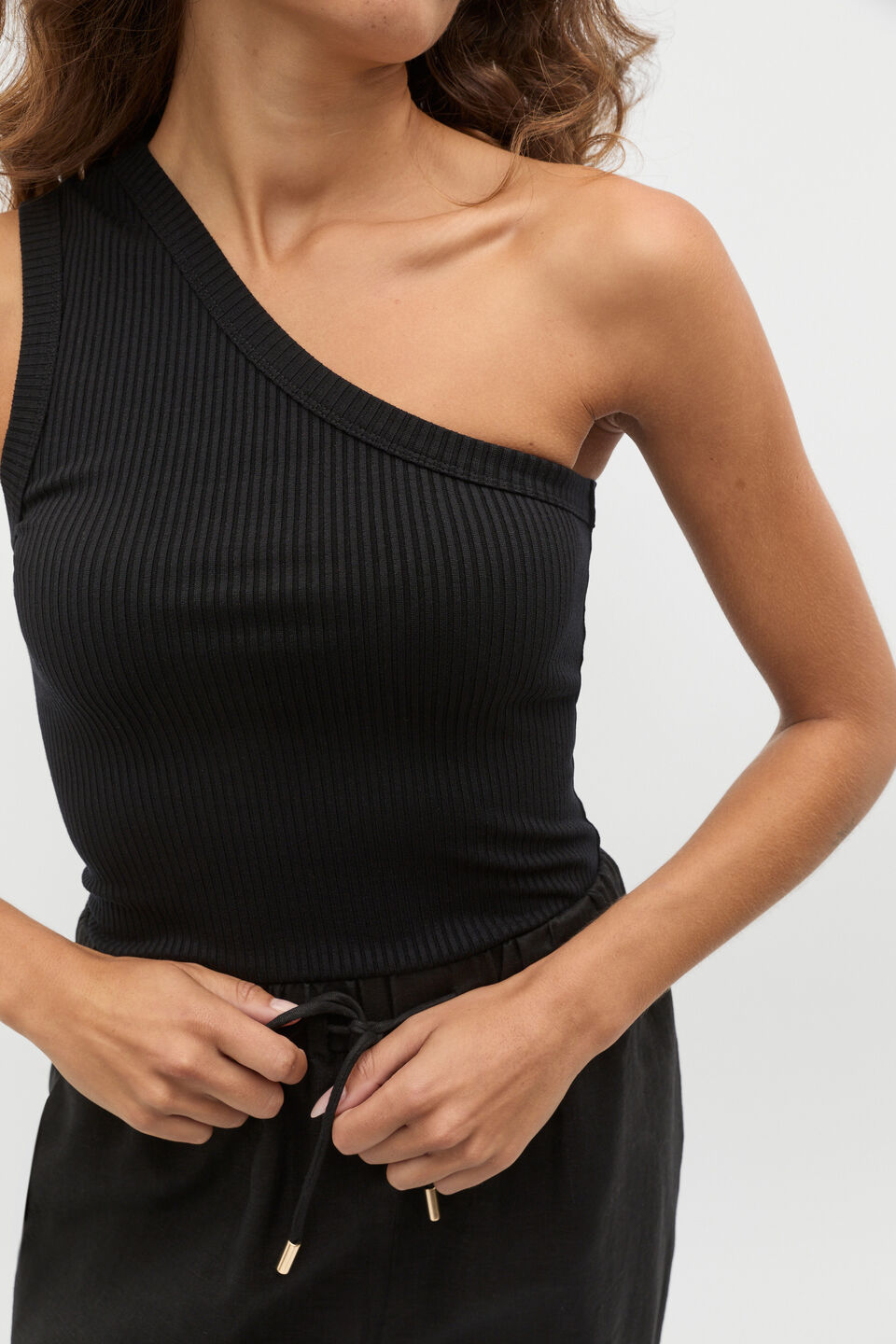 Rib One Shoulder Tank  Black