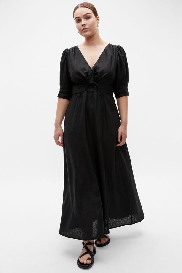 Linen Twist Front Midi Dress  Black  hi-res