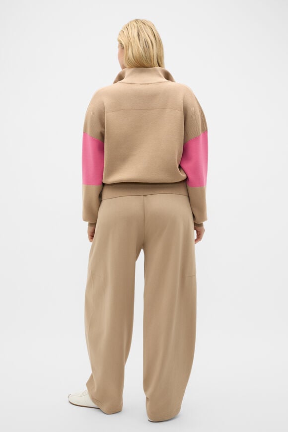 MD Contrast Zip Through Knit  Sandstone  hi-res