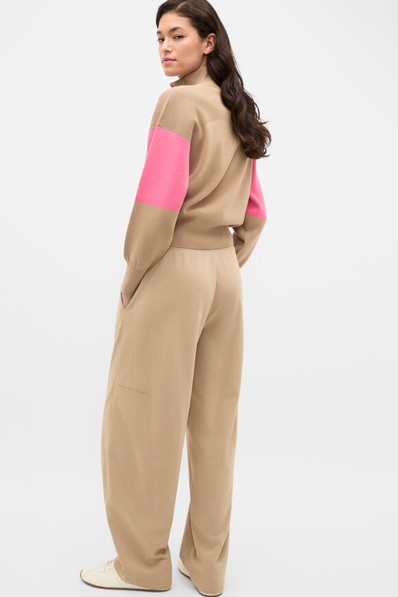 MD Contrast Zip Through Knit  Sandstone  hi-res