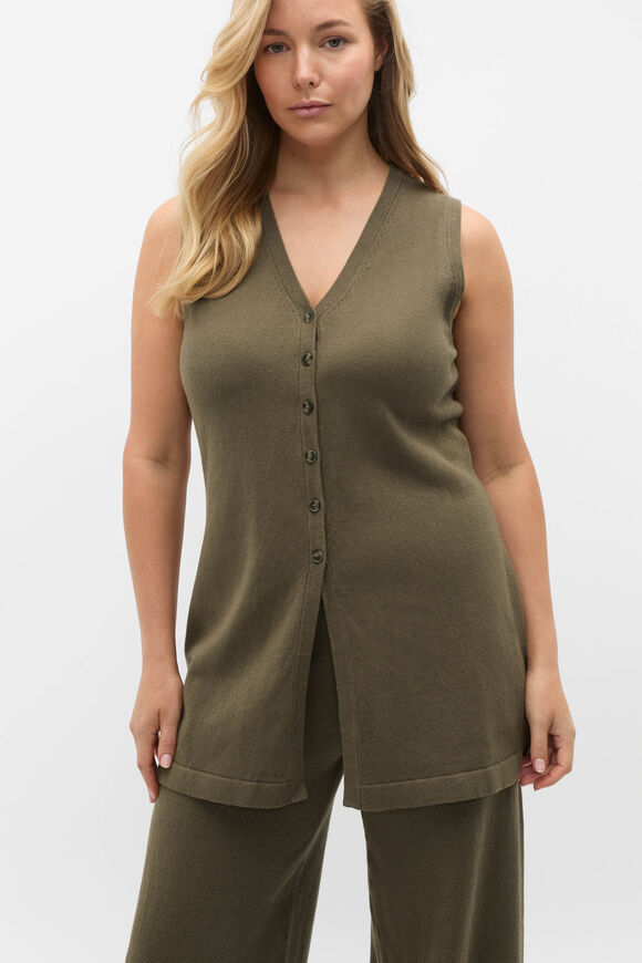 V Neck Button Through Knit Vest  Olive Leaf  hi-res