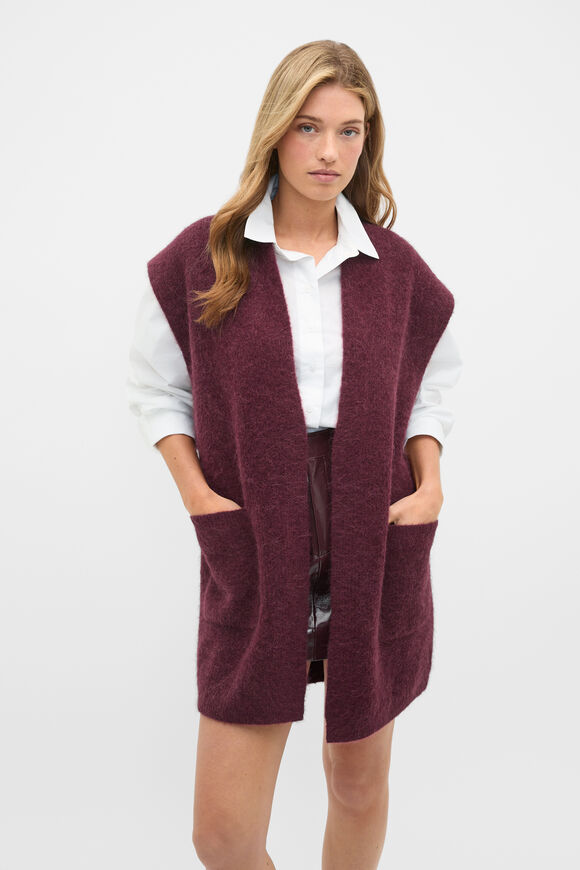 Rib Knit Mid Length Poncho  Plum Red  hi-res