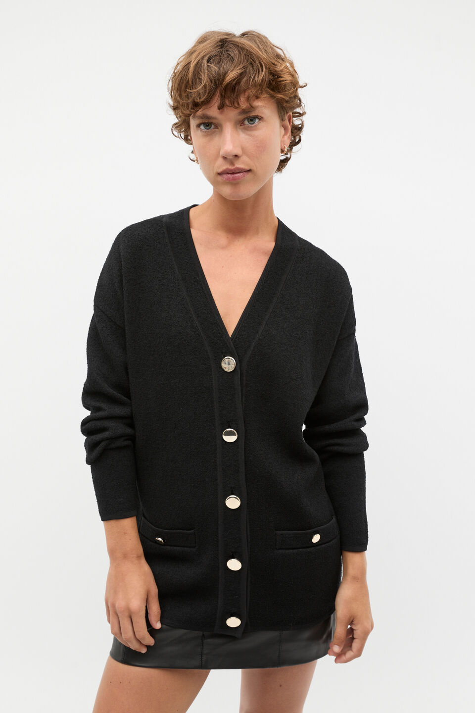Boucle Knit Pocket Slouch Cardigan  Black