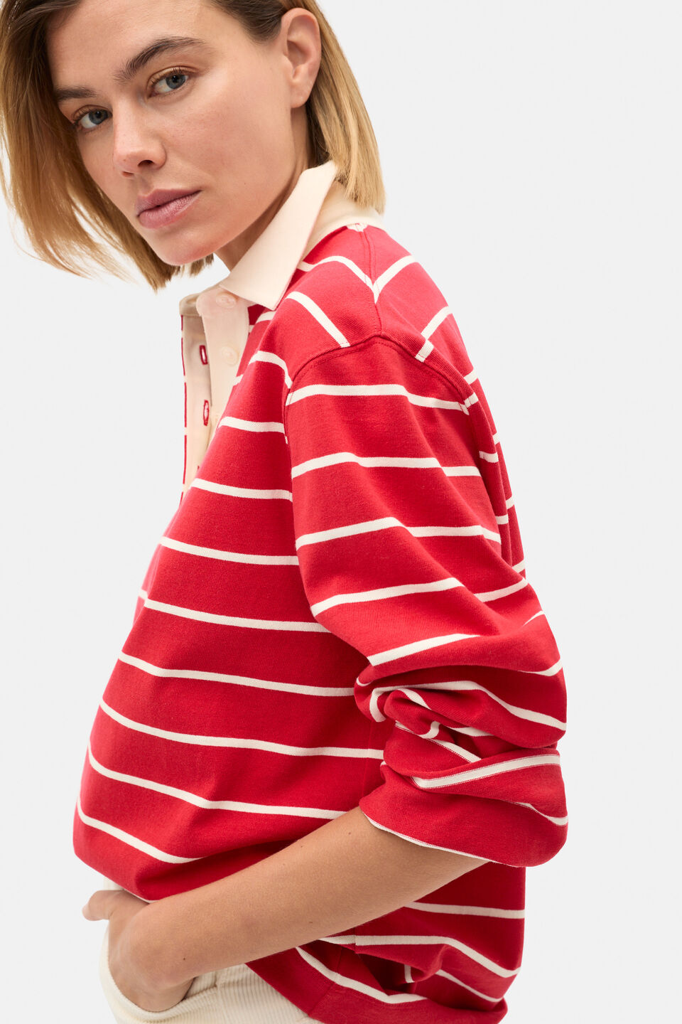 Relaxed Cotton Rugby Polo Top  Poppy Stripe