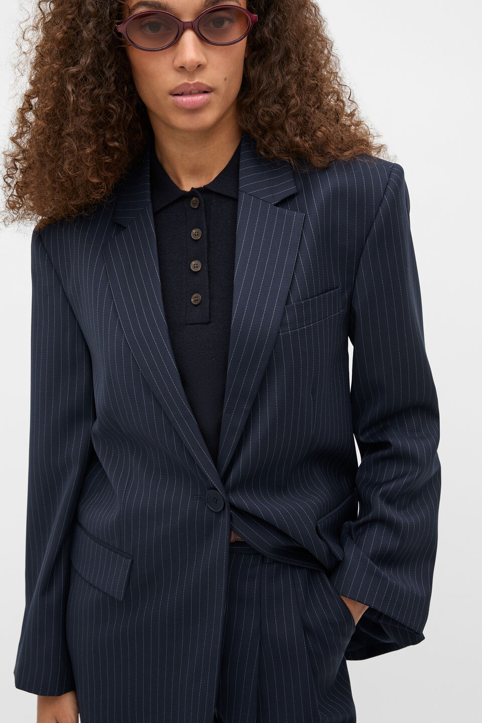 Wool Blend Pinstripe Blazer  Twilight Blue Stripe