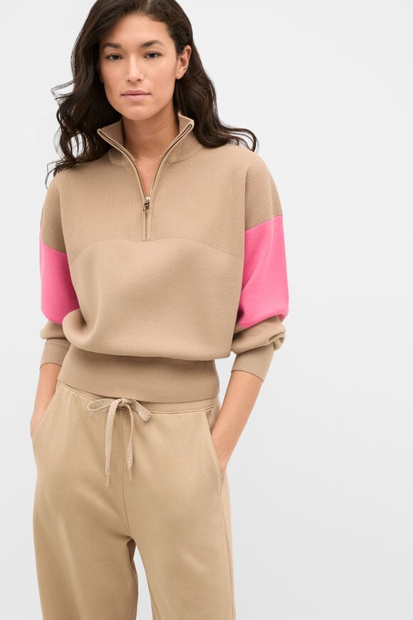 MD Contrast Zip Through Knit  Sandstone  hi-res